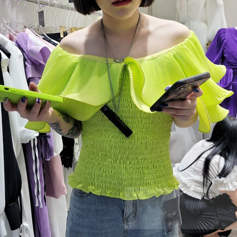 

SeeBeautiful Pressed Pleated Ruffles Stitching T-shirt O Neck Sleeveless Simple New Fashion Summer 2021 Women E437