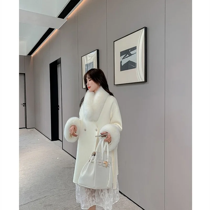 

Женское шерстяное пальто средней длины, двубортное пальто в японском стиле с шарфом из лисьего меха, Осень-зима 2021