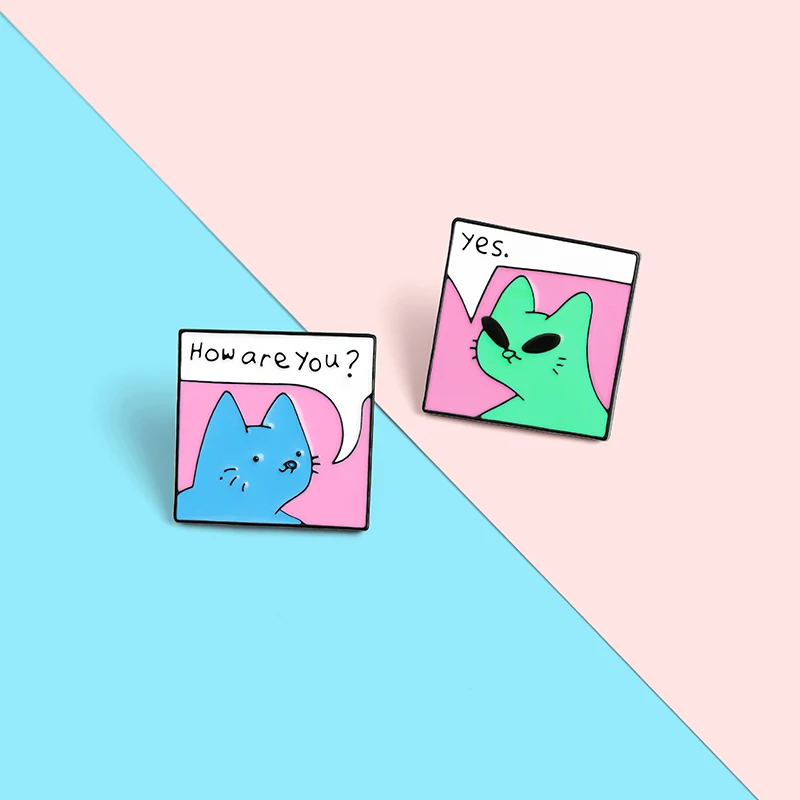 Фото Как у вас дела Curious cat эмали штырь пользовательские кошки приветствия мешочек для брошек штырь отворотом мультфильм значки с животными, ювел... №3