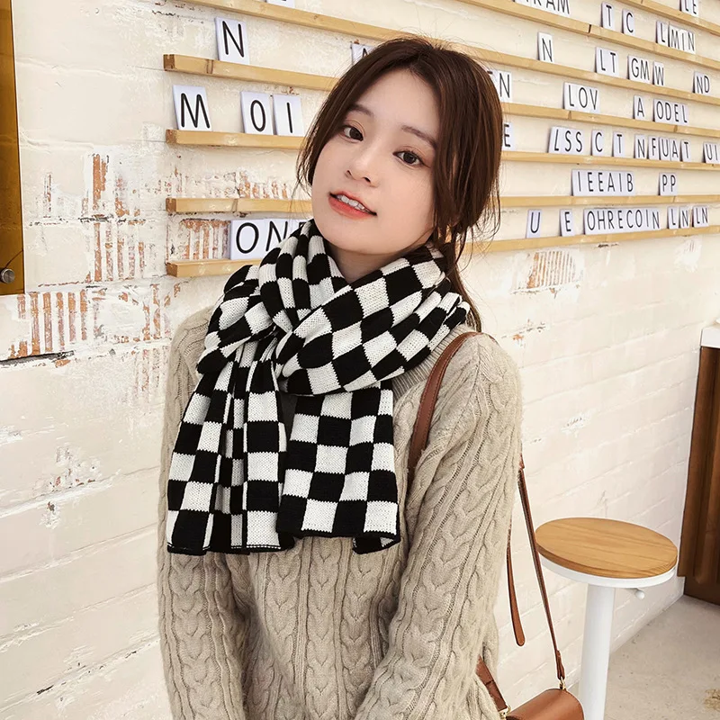 

Checkered Plaids Grids Scarf Women Classic Black White Decorated Knitted Fashion Scarves Pashmina Shawl Wraps for Elegant Lady