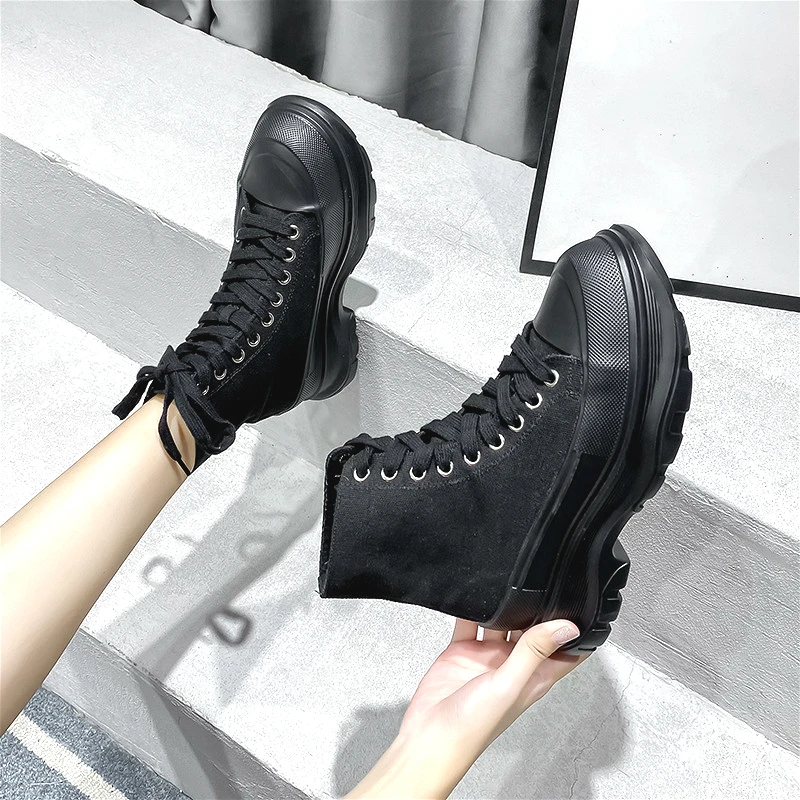 

2020 new fashion canvas breathable white lace up high top sneakers women spring/autumn flat platform black casual chunky shoes