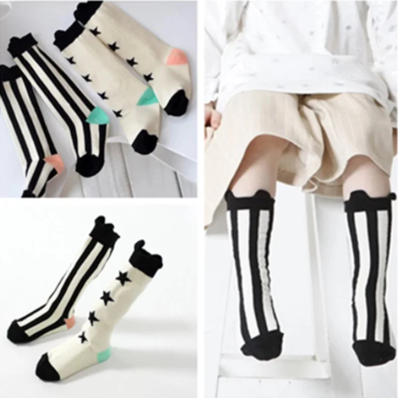 

Quality black and white five-star vertical stripes combed cotton baby children's and girls' middle tube socks