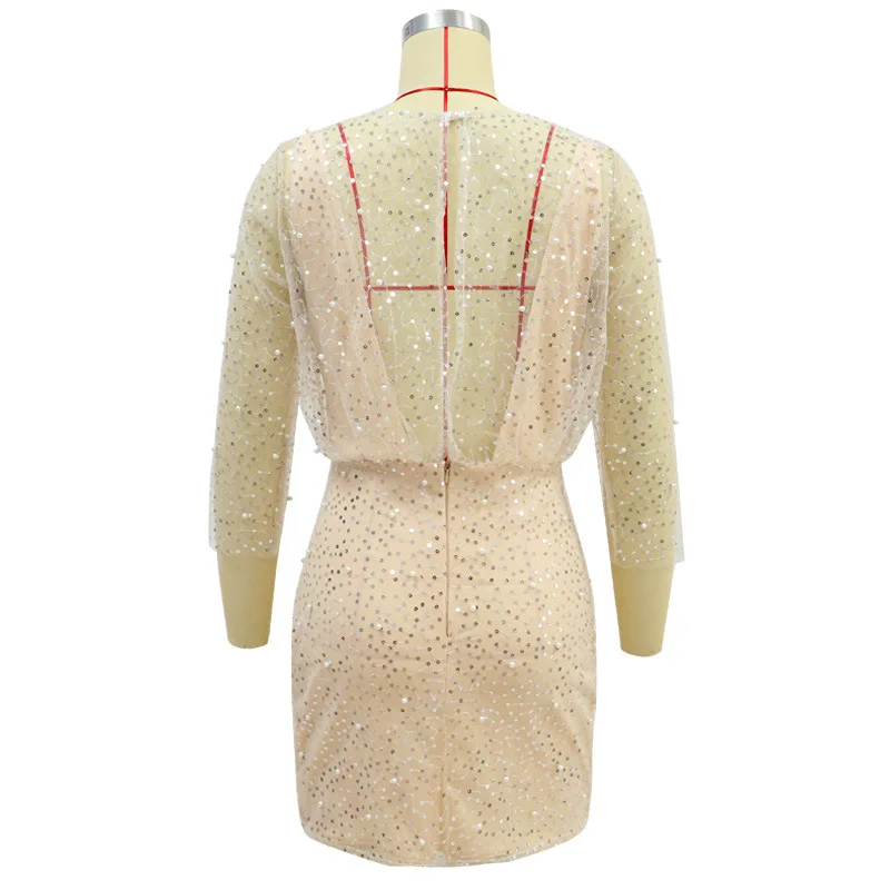 

WEPBEL Summer Solid Color Sequined Slim Dress Women's Elegant V-neck Backless Three Quarter Sleeve High Waist Pencil Dress