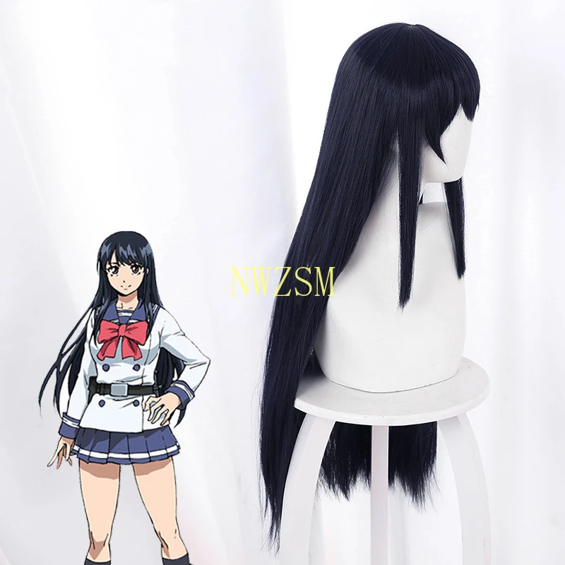 

Anime High Rise Invasion Cosplay Wig Woman Long Black Blue Synthetic Straight Hair Halloween Cosplay Party Props+wig Cap