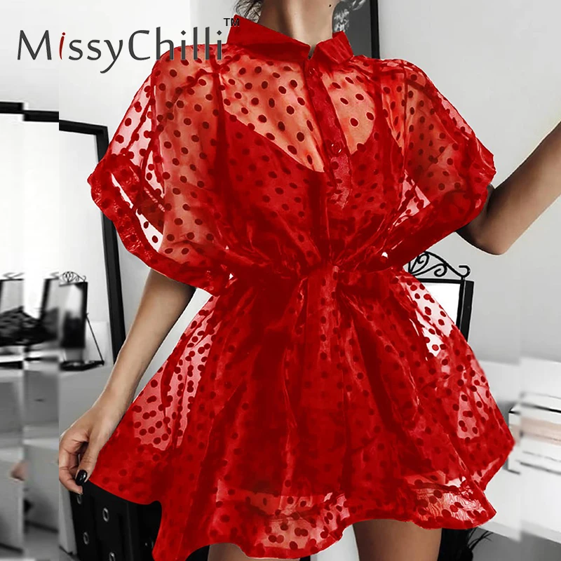 Женское платье рубашка в белый горошек MissyChilli офисное облегающее из органзы с