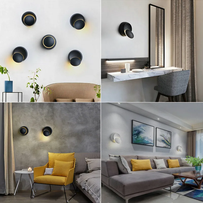 

LED Round Crescent Wall Light 5W 360 Degree Adjustable Rotating Night Light Black White Creative Wall Light Modern Corridor Ligh
