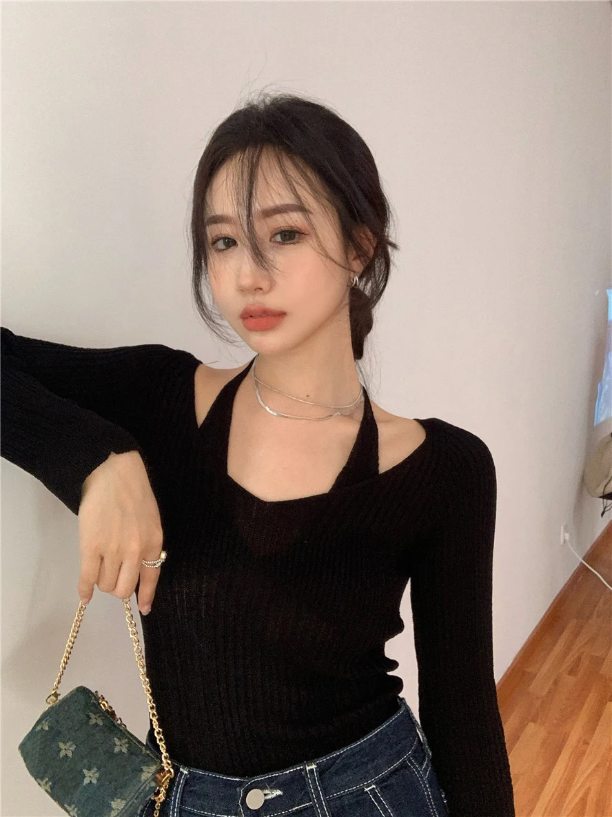 

Fake Two-Piece Halter White Sweater Women's Summer 2021 New Long Sleeve Slim Tight Bottoming Sweater Top