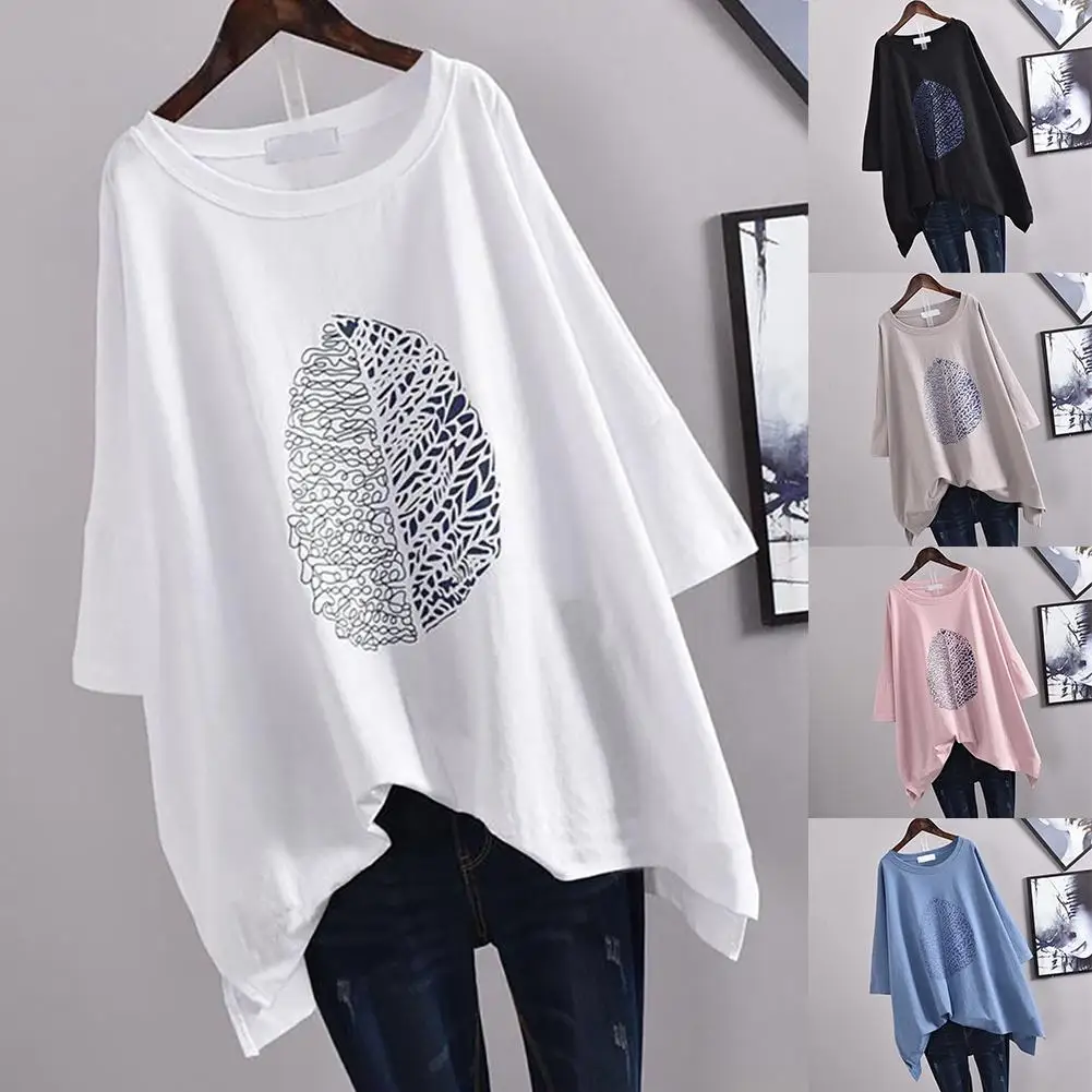 

2020 Women Casual 3/4 Sleeve O Neck Leaf Print High Low Hem Loose Top Blouse Women's Clo