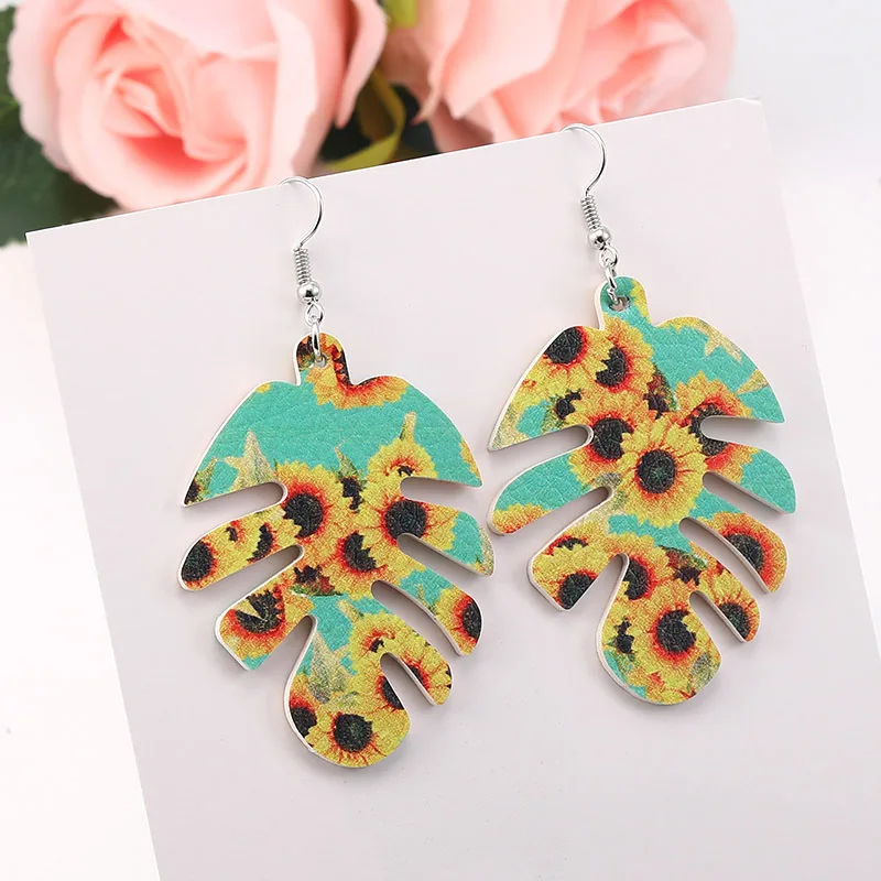 

Leaf Shape Sunflower Printed Waterdrop PU Leather Earring Women Statement Fancy Drop Earrings Jewelry for Women