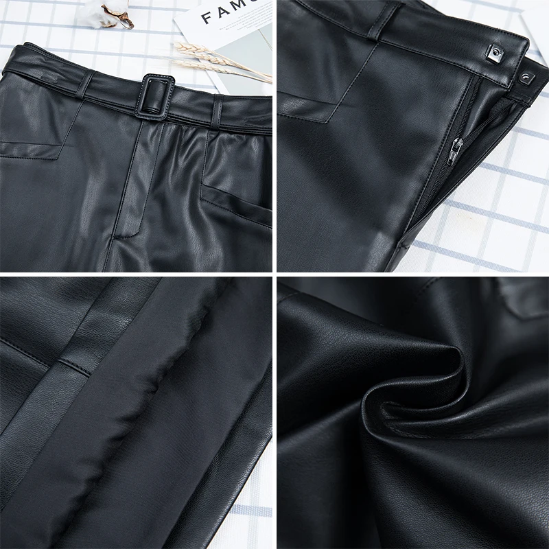 

Women's Leather Pencil Skirt High Waist Autumn Solid Office Lady Knee Length Sashes Slim Black Color Elegant Female