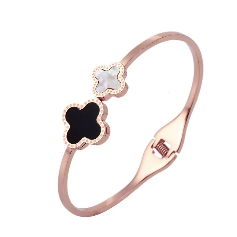 

Classic black and white shell four-leaf clover stainless steel Bangle fashion rose gold ladies Bangle star bracelet