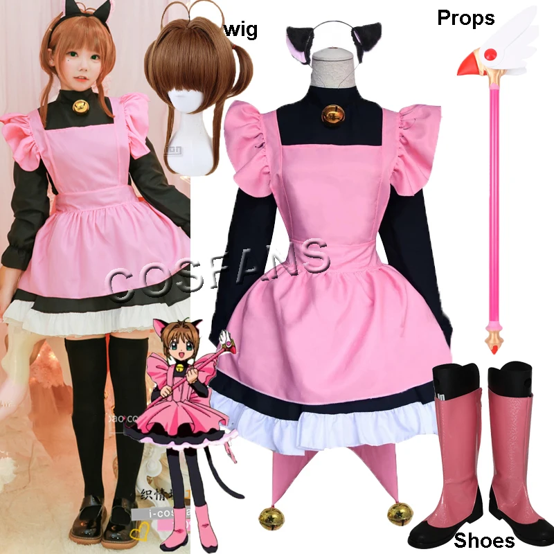 

Косплей-костюм Сакура из аниме Cardcaptor, косплей-костюм КИНОМОТО Сакура, костюм кошки, полный комплект, парики и обувь для Хэллоуина, реквизит