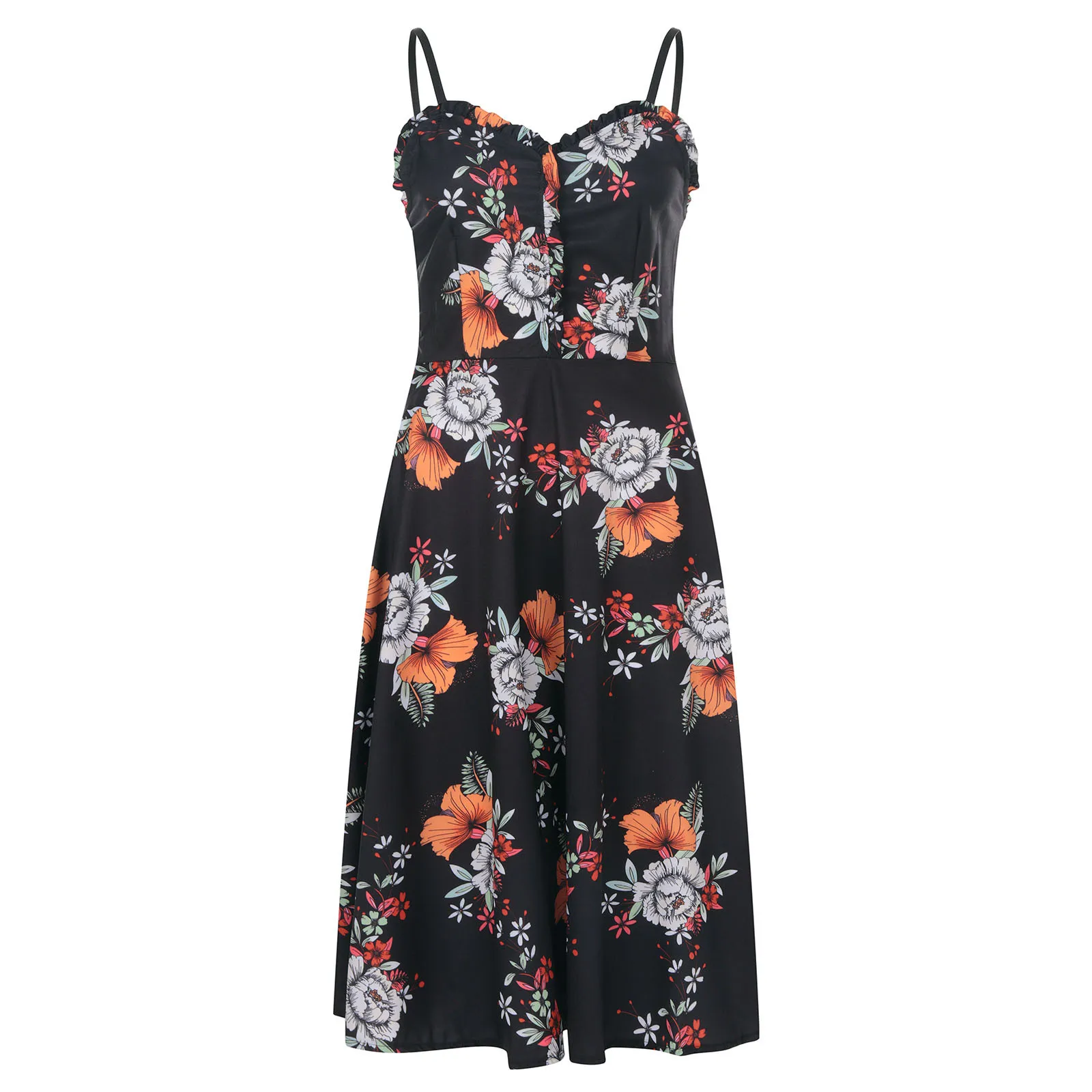 

Women Summer Casual Prints V-neck Strappy Backless Sleeveless Tank Tops Dress Spaghetti Strap Knee-length Summer Dresses