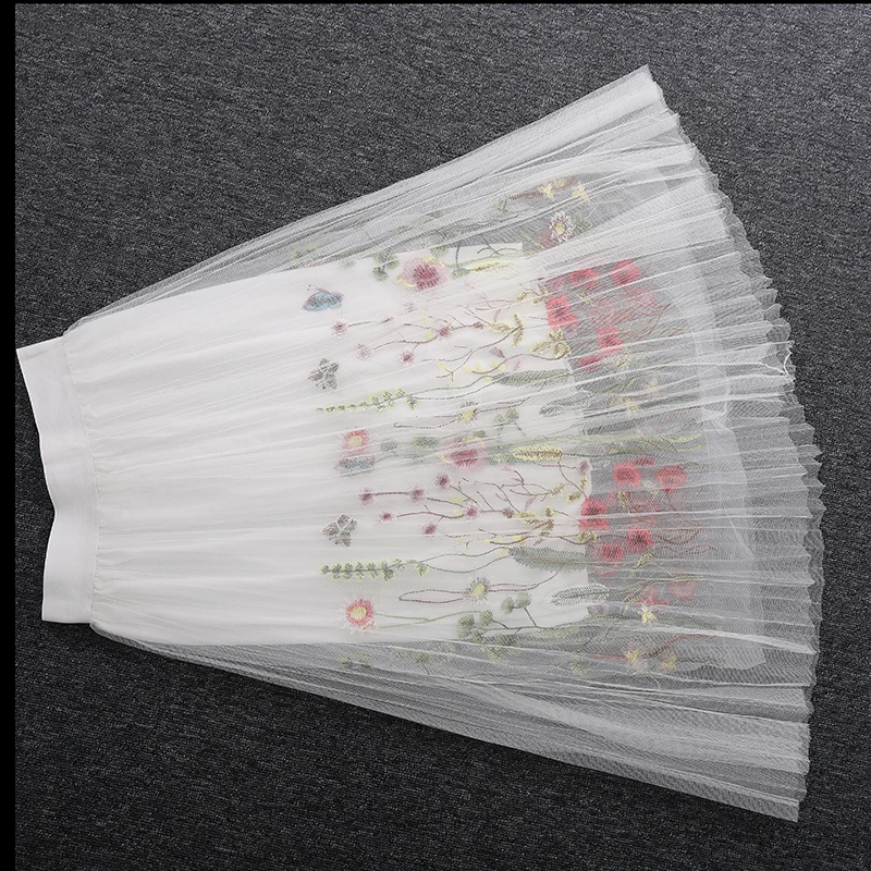 white Летняя стильная газовая длинная юбка с цветочной вышивкой; плиссированные юбки-трапециевидной формы из тюля с высокой талией для студентов; юбка в сеточку - Цвет: white