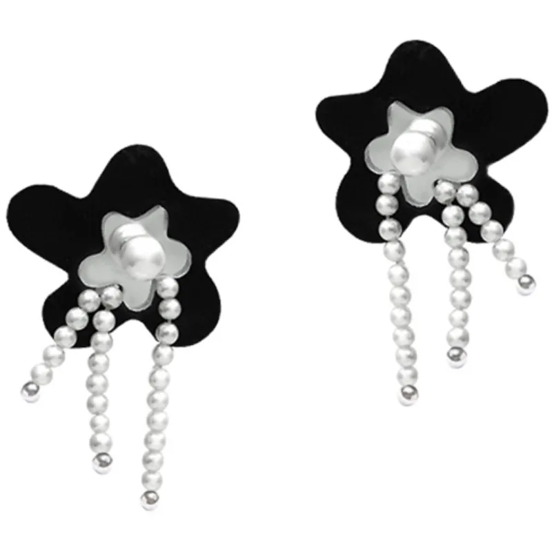 

TIMEONLY Temperament Black Color Velvet Starfish Dangle Earring Simulated Pearl Tassel Earrings for Women Lady Charm Jewellery