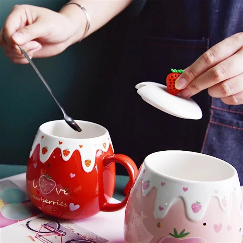 500 мл милые Керамика кружка с крышкой Ложка творческая большая емкость клубника