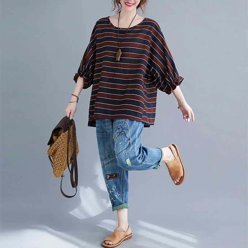 

Women T-Shirt Plus Size Shirt Striped Linen Tee Shirt Loose Vintage Summer Oversize Tops Four Color can be selected Fit 4XL