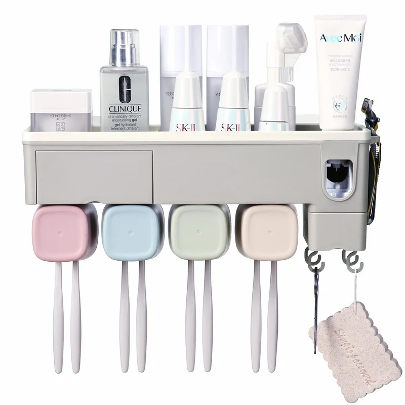

Toothbrush Rack and Washroom Suction Wall-mounted Punch-free Automatic Toothpaste Squeezer Mouthwash Cup Set Bathroom Organizer