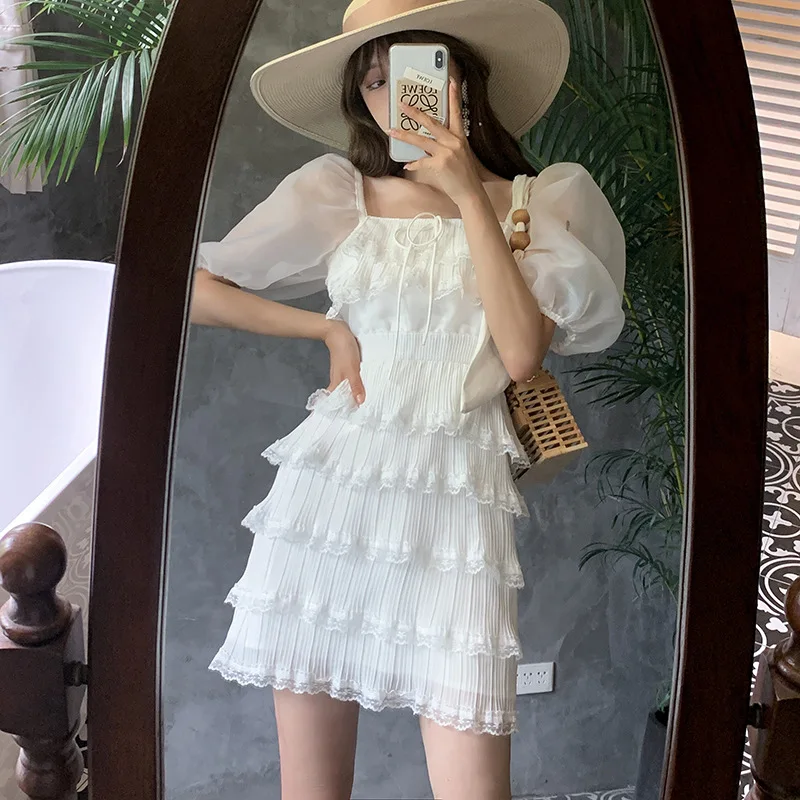 

Women One Piece Swimsuit Bikini 2021 Female Bath Suit New French Summer Beach Fairies Cake Hubble Bubble Long Sleeve Skirt