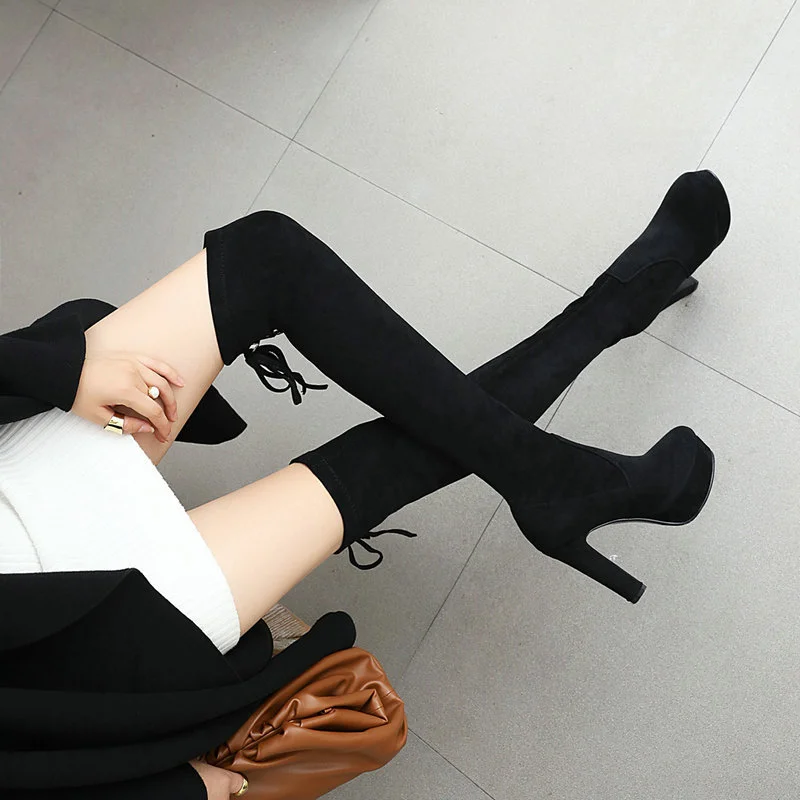 

Женские облегающие сапоги выше колена, черные эластичные ботфорты из флока на высоком каблуке, большой размер 33-43, для осени и весны