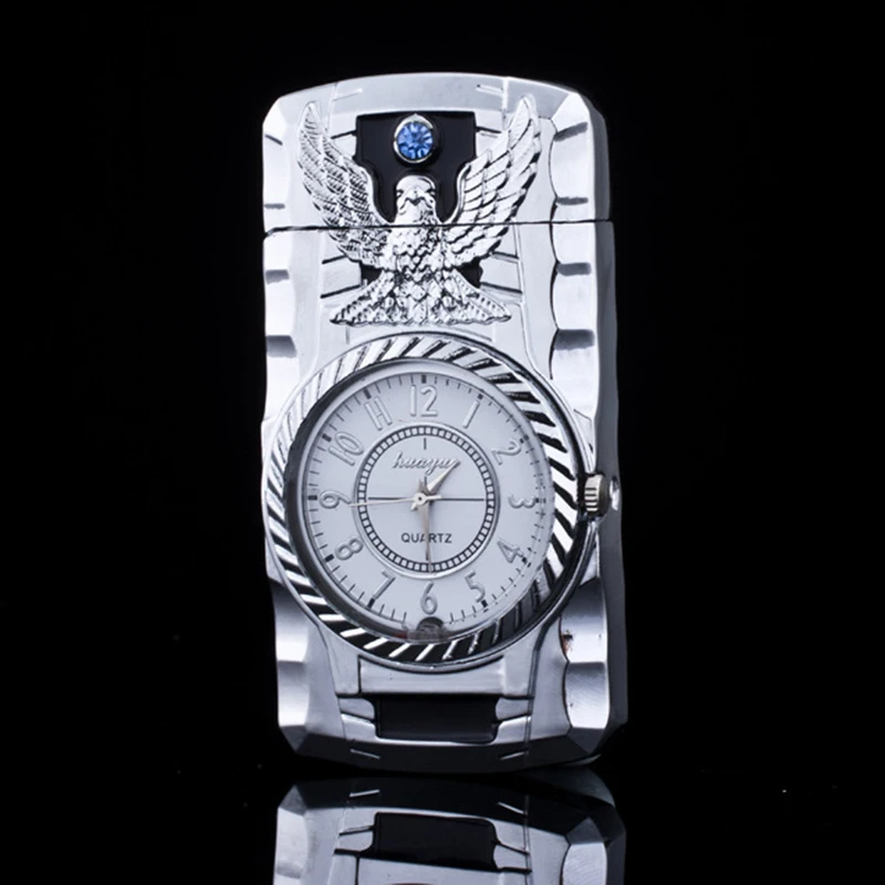 Eagle Silver Роскошные золотые часы, струйная зажигалка, фонарь, турбо-газовая зажигалка, ветрозащитная сигарета, металлическая зажигалка, светодиодная надутая бензиновая Бутановая Зажигалка - Цвет: Eagle Silver