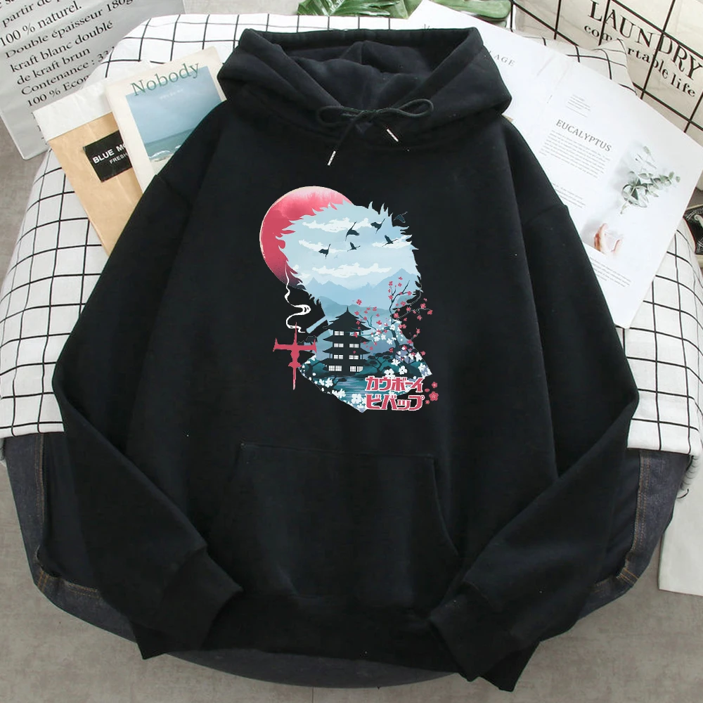 

Japanese Cartoon Style Print Pullover Men Hooded Anime Fleece Sweatshirts Soft Hip Hop Loose Graphic Retro Man COTTON
