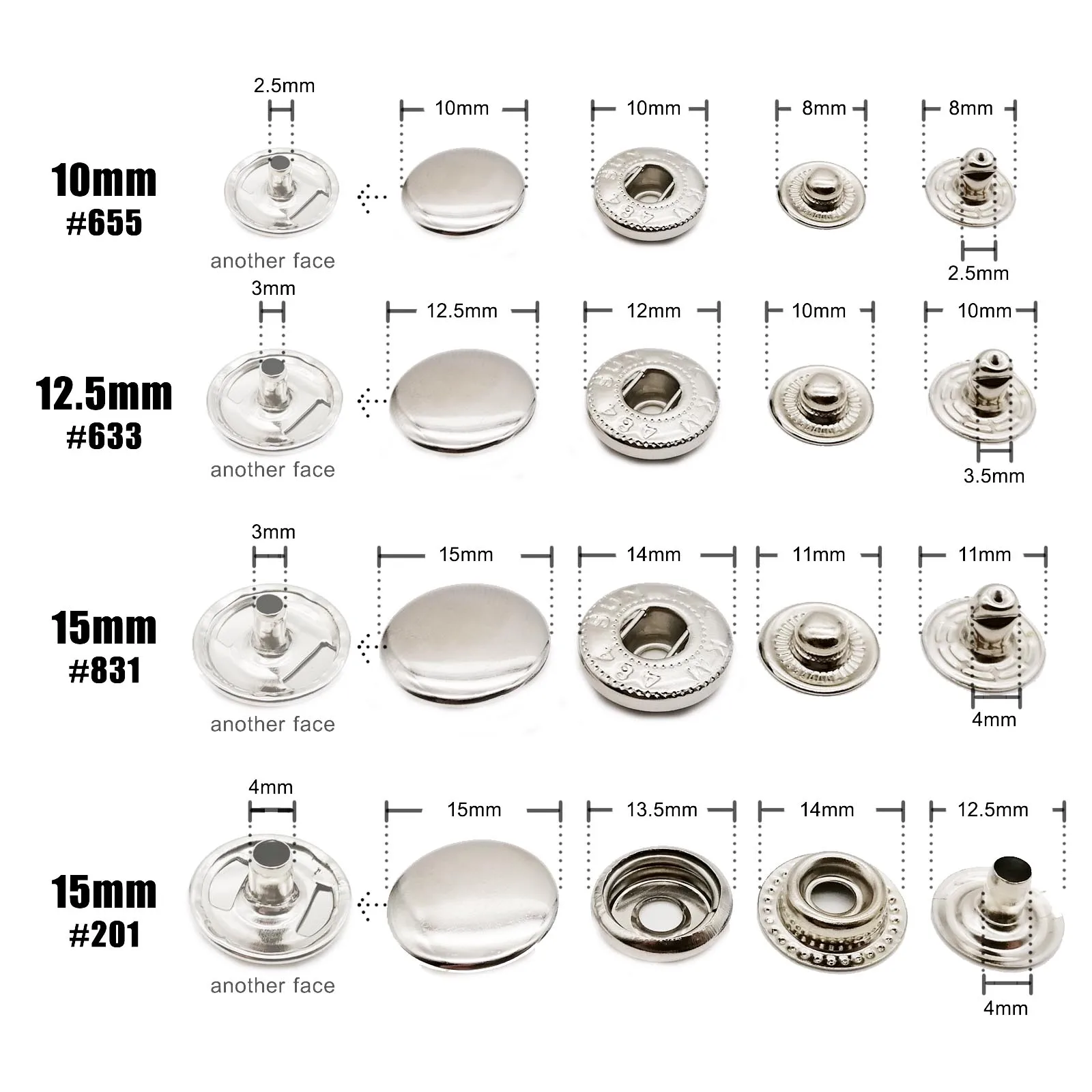 

30PCS #655 #633 #831 #201 Metal No Sewing Snap Fastener Button Press Popper Stud Leather Bag Clothes Jacket Repair Rivet DIY