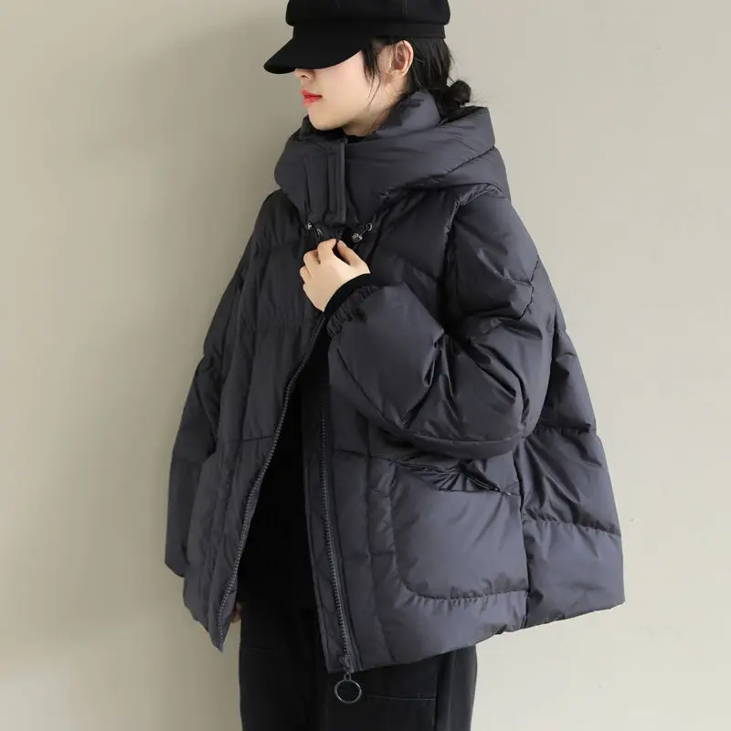 

Женский пуховик на 90 утином пуху, свободный короткий пуховик на молнии с капюшоном и завязками на подоле, новинка 2022