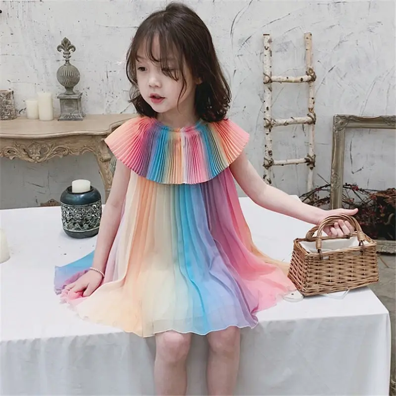 

Girl dress Rainbow Chiffon Pleated Dress Summer New children Lapel Little Fairy Dress Sleeveless Princess dress