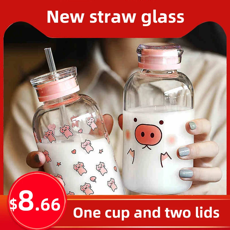 Creative Pig Water Cup Glass Bottles Kawaii Bottle Eco Friendly with a Straw Glasses Cute My Cups Waterbottle | Дом и сад