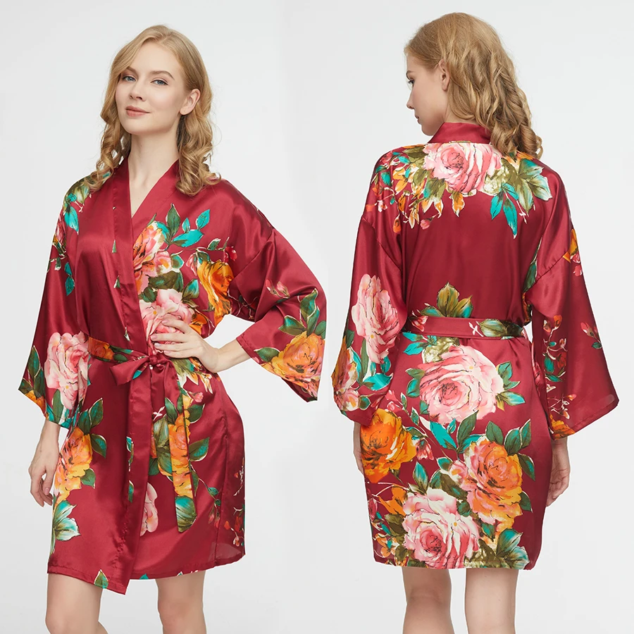 Women Silk Satin Floral Robe Bridesmaid Bride Robes Wedding Bridal Mother Sister Gown Bathrobe Dress Sleepwear Plus Size Belt