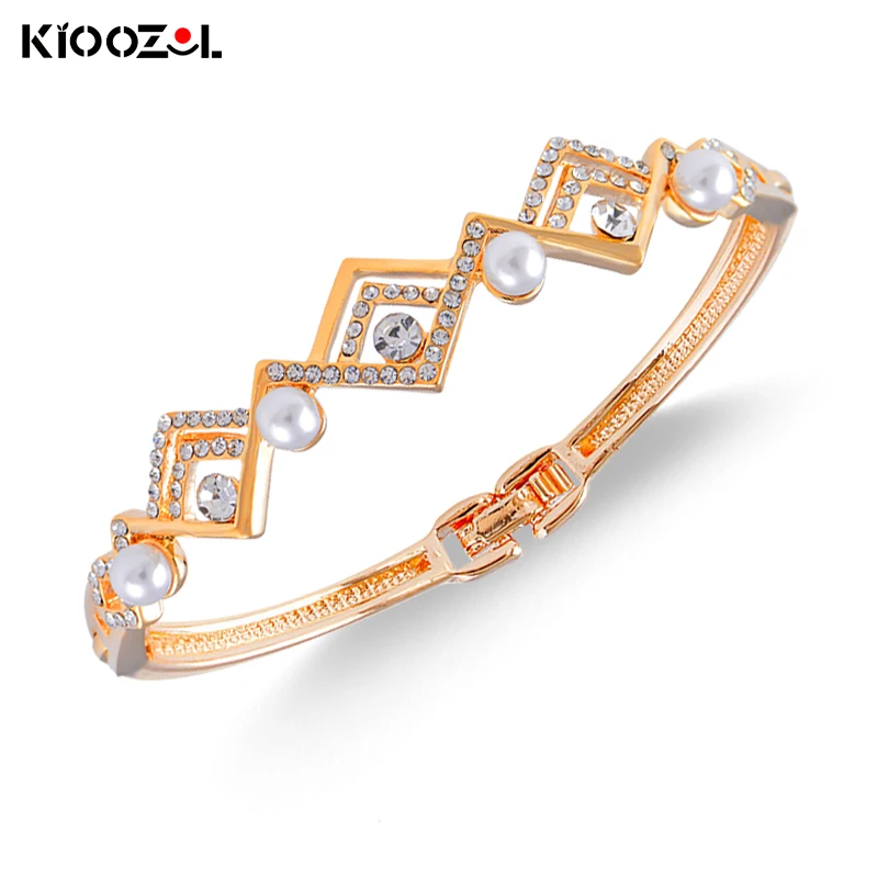 

KIOOZOL Luxury Wave Shape Inlaid Pearl with Cubic Zirconia Bracelets For Women Wedding Party Jewelry Accessories 465 DP1