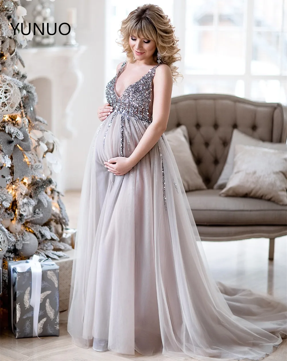 YUNUO Выпускные платья для беременных с блестками будущей матери тюлевой юбкой