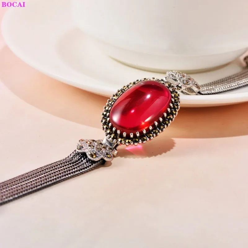 

BOCAI S925 Sterling Silver Bracelet Red Corundum Yellow Chalcedony Thai Silver Hand Chain Pure Argentum Gemstone Women's Bangle