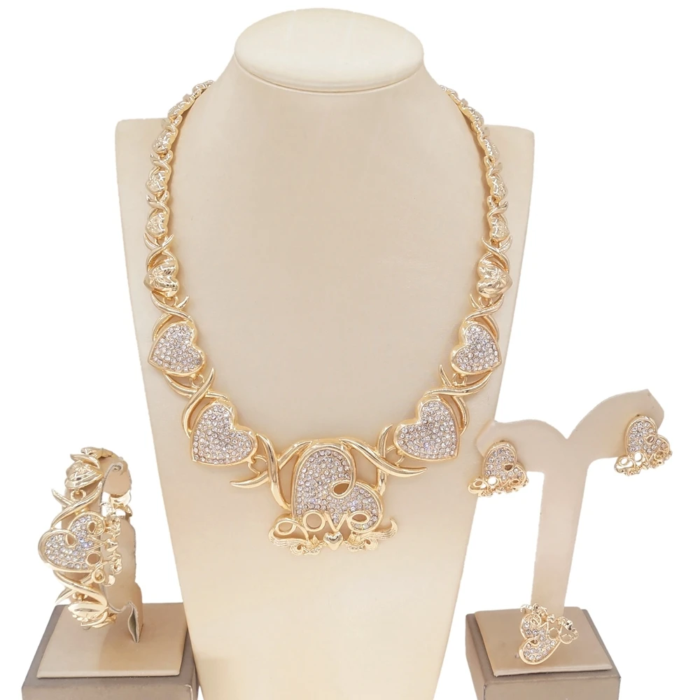 

New Arrivals Fashion High Quality Crystal Gold Color Necklace Earrings Bracelet Ring Wedding Jewelry Sets Wholesale