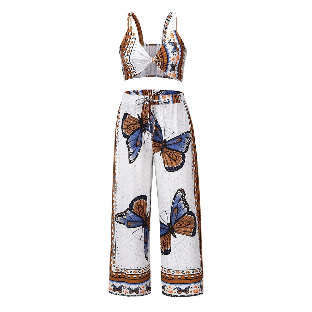 

2021 beach leisure suit new suspender top + printed straight trousers two-piece suit