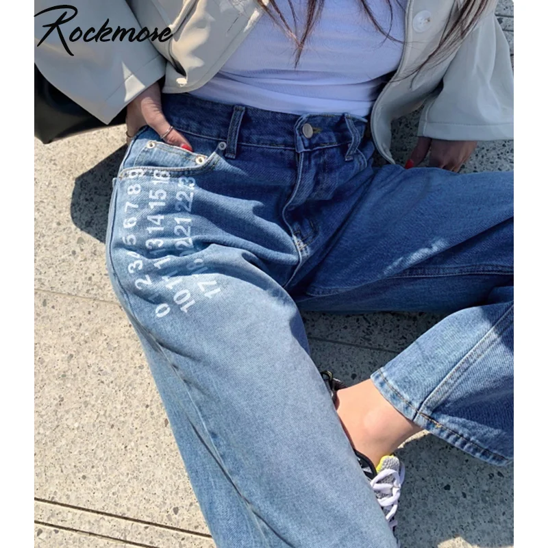 

Rockmore Printed Baggy Straight Jeans Women Y2K Streetwear Vintage Casual Wide Leg Pants Mom High Waist Straight Denim Trousers