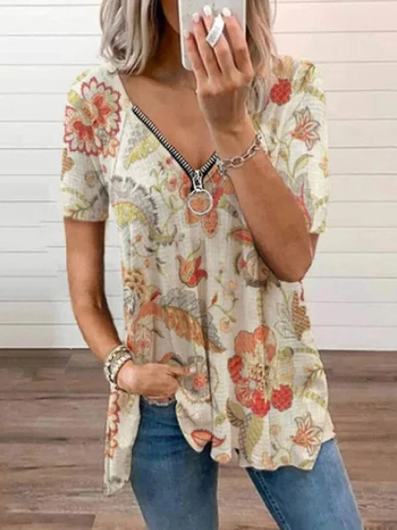 

New 2021 Women Summer Blouse Zipper V-neck Print Short Sleeve Shirt Casual Fashion Blouses Loose Shirts Office Beach Tops Plus