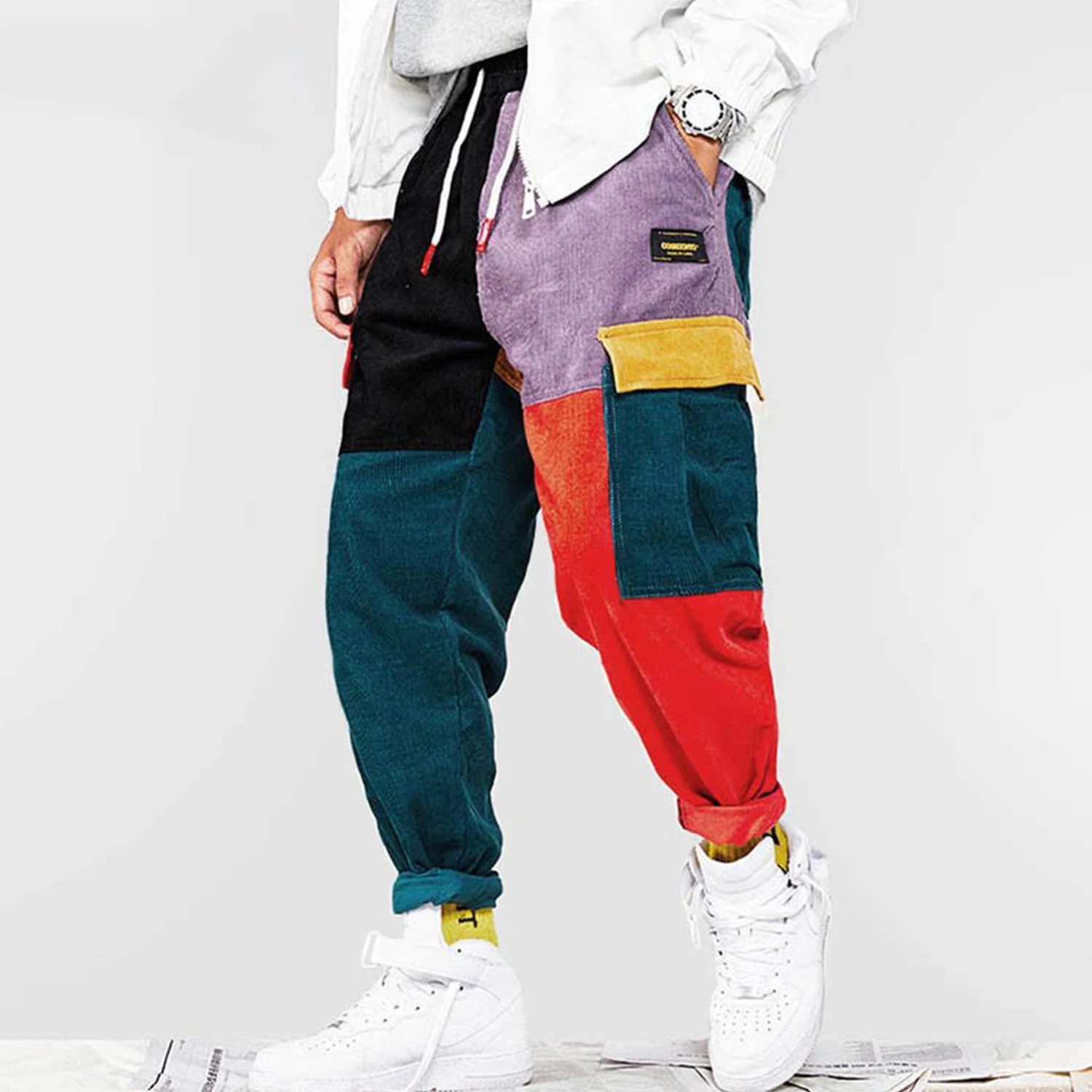 

LACIBLE Corduroy Patchwork Cargo Pants Men Streetwear Harem Pants Joggers Harajuku Sweatpants Hip Hop Streetwear Trousers