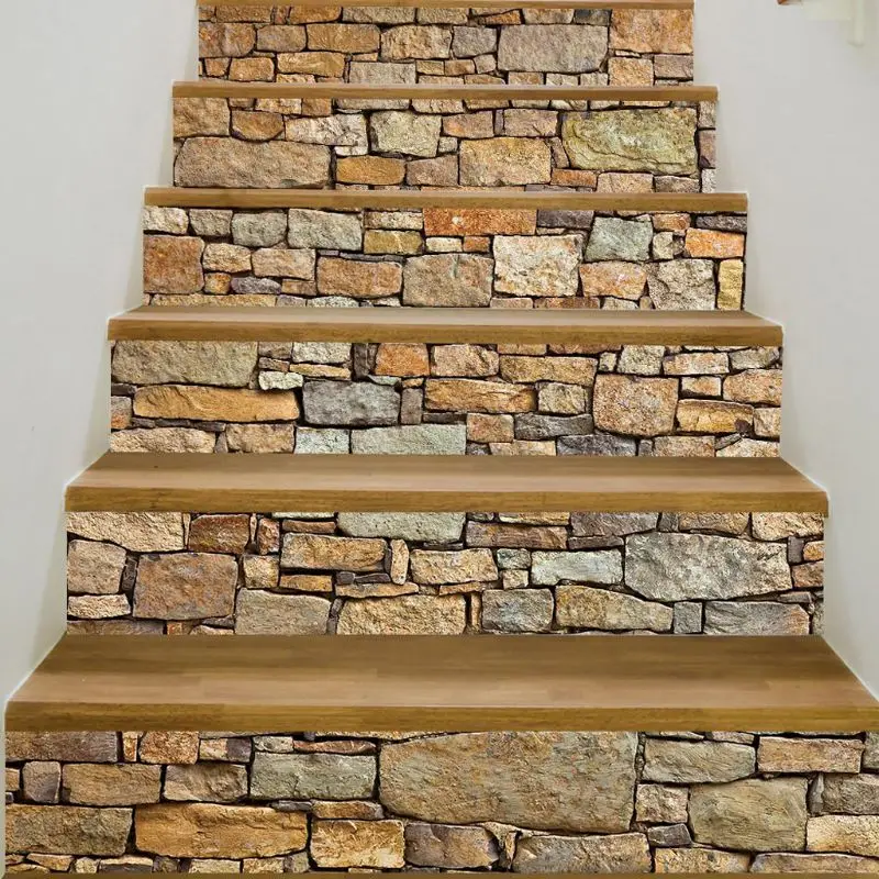 6Pcs/set 3D Stone Staircase Stair Riser Floor Sticker Self Adhesive DIY Stairway Waterproof PVC Wall Decal | Дом и сад