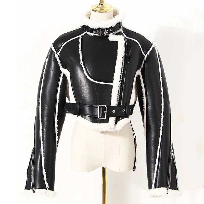 

SeeBeautiful Velvet Stitching PU Loose Thick Jacket Coat Lapel Long Sleeve Zipper Belt Warm Women Winter 2022 New Fashion G944