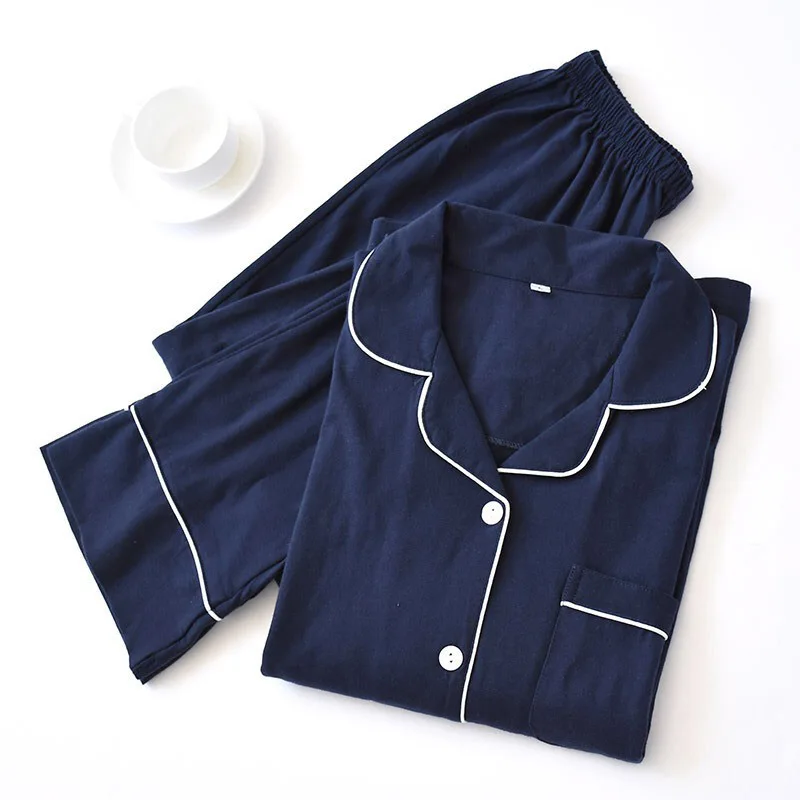 

2020 Autumn And Winter New Ladies Simple Style Full Cotton Knitted CoupleS' Long-sleeve Pajamas Set Men And Women Household Wear