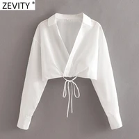 zevity women sexy cross v neck hem bandage short slim smock blouse femme long sleeve knotted white shirt roupas chic tops ls9099