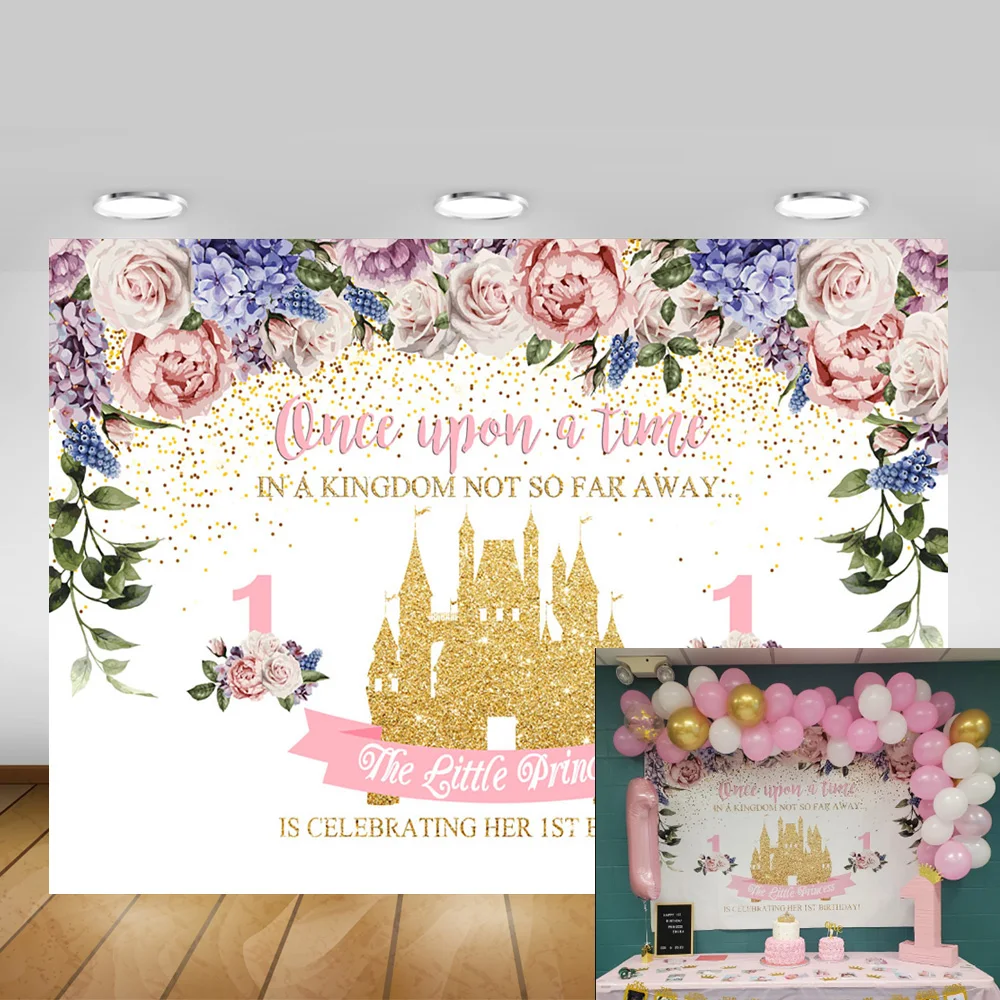 Фон для фотосъемки с изображением сказочного розового золотого замка на первый