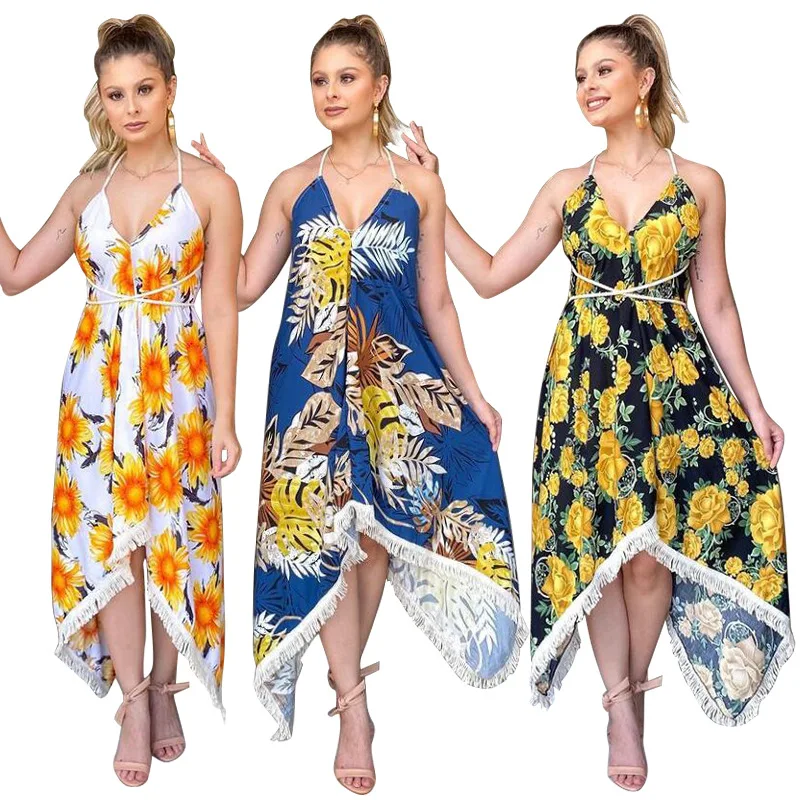 

Women Sexy Sleeveless V Neck Printed Beach Party Dress Spaghetti Strap Beach Midi Dresse Femme Summer Dress