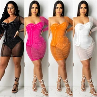 2021 ladies sexy backless rhinestone perspective coveralls see through bodysuit one shoulder bodycon dress for women plus size