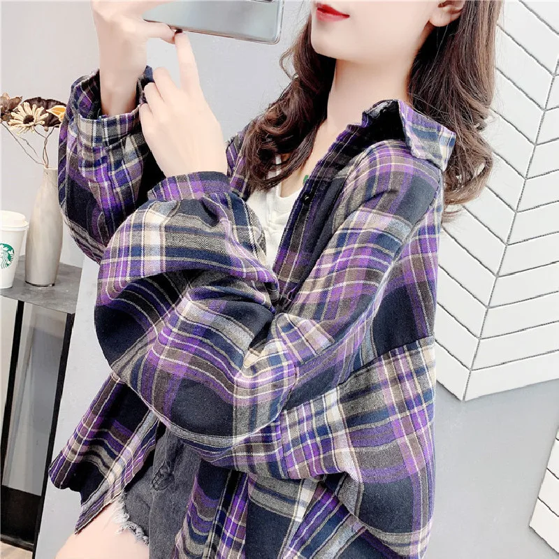

New Spring Autumn Shirt Women Clothes Fashion Plaid Mid-length Blouses Plus Size Loose Long-sleeved Casual Cardigan Tops