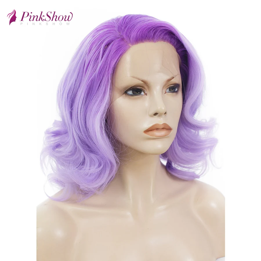 Pinkshow Purple Wig Ombre Lace Front Short Synthetic For Women Two Tone Dark Root Heat Resistant Fiber | Шиньоны и парики