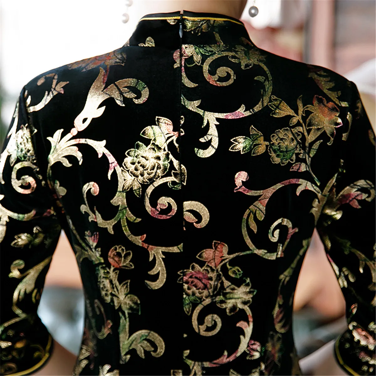 Shanghai Story chinese traditional dress Half Sleeve Knee Length Velvet Qipao for Women Beaded Lace cheongsam 3 Color | Тематическая