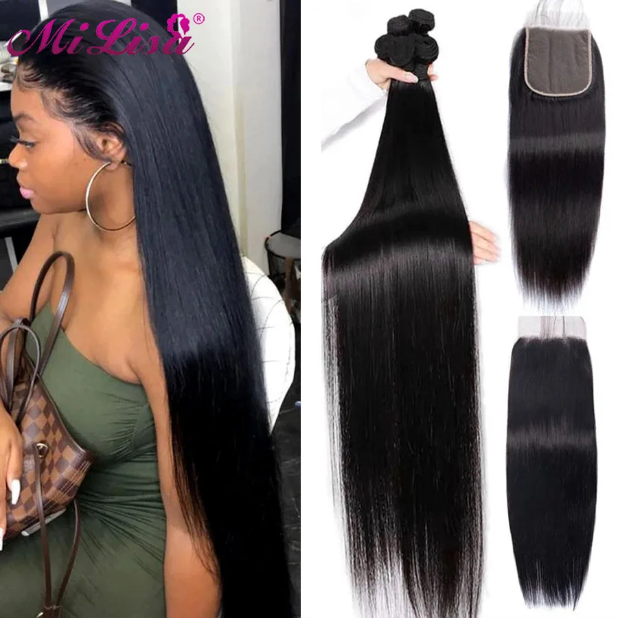 

Malaysian straight bundles with closure Remy human hair bundles with closure doulbe weft 4X4 Lace closure and blundles 4 Pc/lot